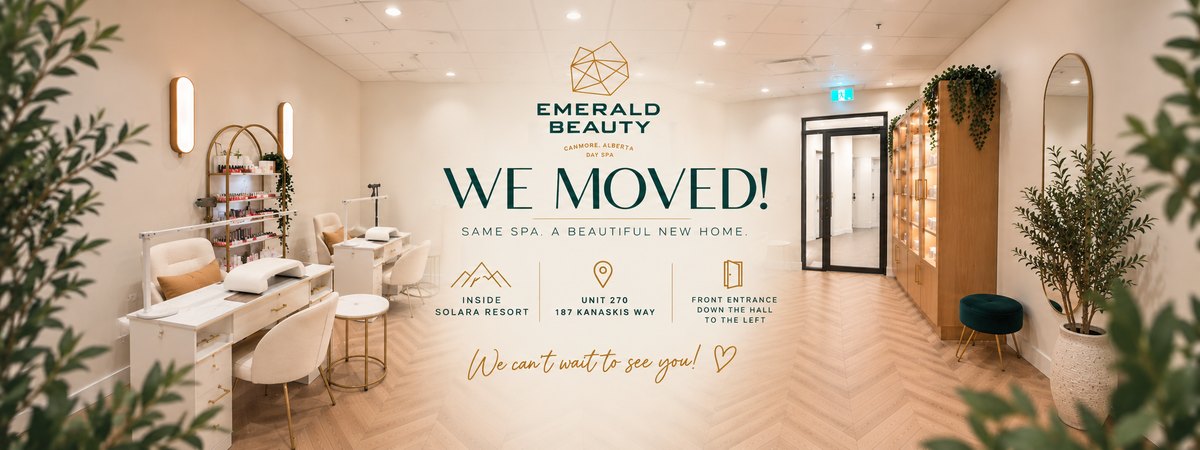 Emerald Beauty Day Spa's new location inside Solara Resort at 187 Kananaskis Way, Unit 270, Canmore, Alberta, offering luxury head spa treatments, facials, skincare and beauty services.