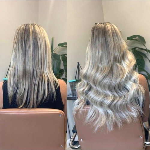 blonde woman showing before and after hair extension treatment