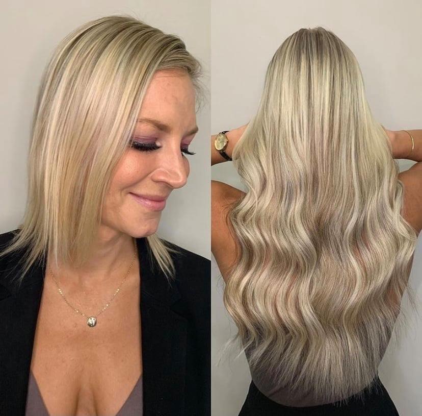 blonde woman before and after hair extension curly hair