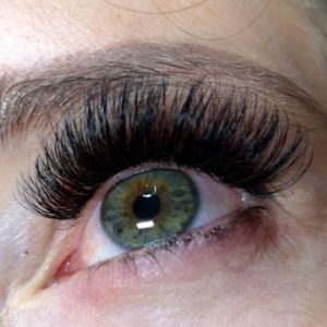 eye after eyelash extension and volume treatment looking up